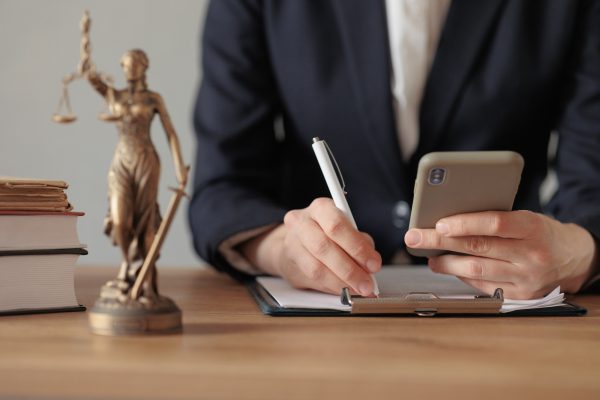 a female lawyer or a representative of the court sits in the office and checks the legal contract