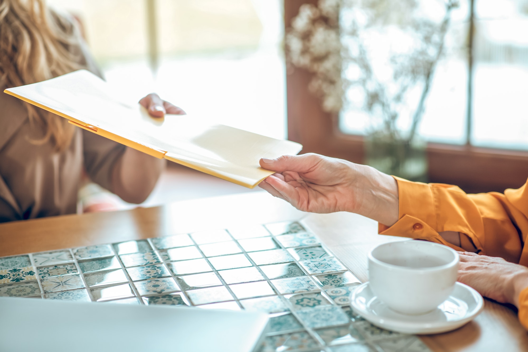 Close up of a female hand passing the papers to the client